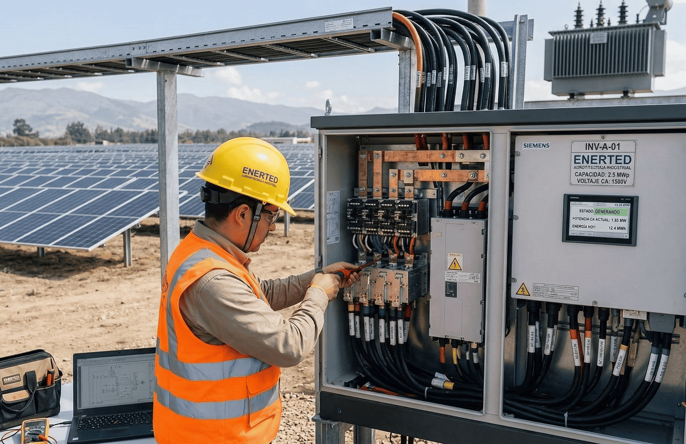 Técnico de Enerted realizando mantenimiento a inversor de potencia en parque solar industrial