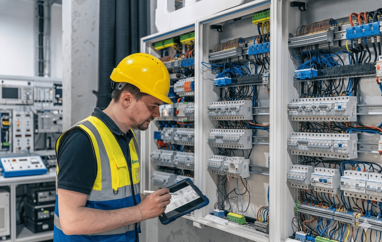 Técnico de Enerted con casco amarillo realizando diagnóstico y mantenimiento preventivo en tablero eléctrico industrial