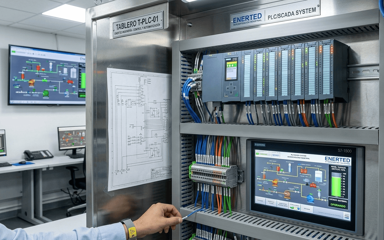 Tablero de control industrial con PLC Siemens y software SCADA diseñado por Enerted.