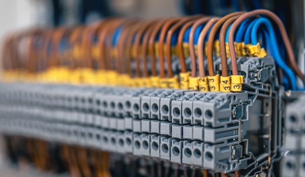 Primer plano de bornera con cableado ordenado en un tablero de control