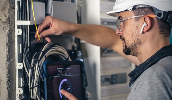 Técnico conectando cables en una caja de conexiones de red