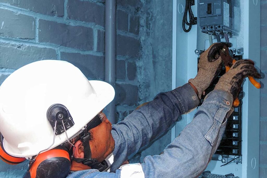 Técnico realizando mantenimiento eléctrico en un tablero de muro