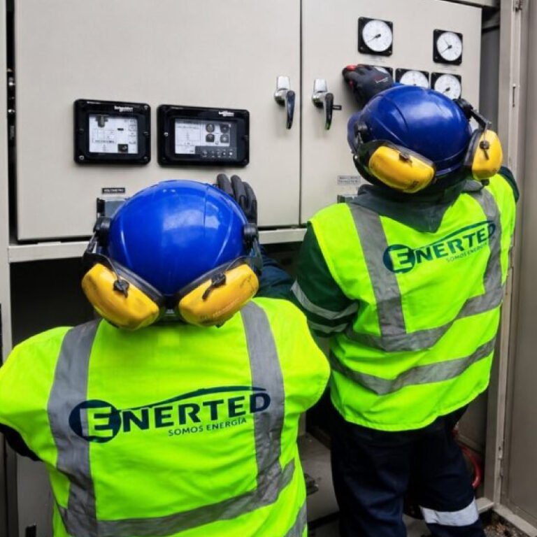 Dos técnicos de Enerted frente al tablero de control de una planta