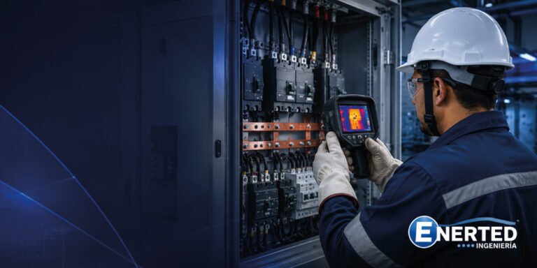 Técnico de Enerted inspeccionando un tablero eléctrico con cámara termográfica