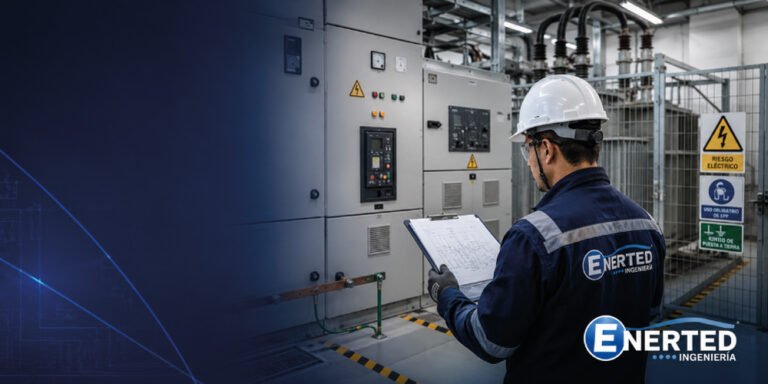 Técnico de Enerted revisando una subestación eléctrica con señalización de riesgo