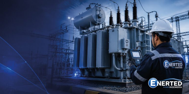Técnico de Enerted midiendo en un transformador de potencia de subestación