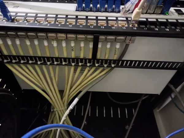 Patch panel con cableado UTP organizado en un rack de comunicaciones