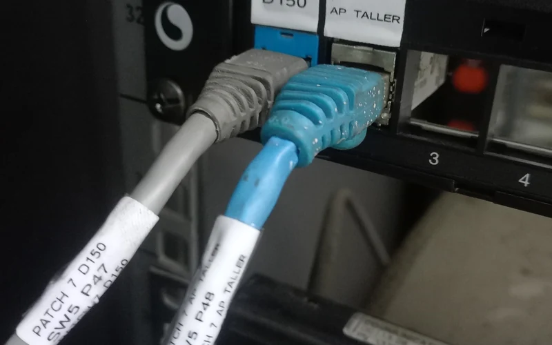 Patch cords marquillados y conectados en el patch panel de un rack